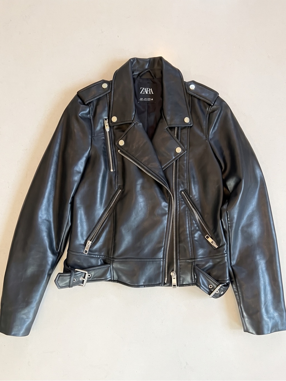Zara S Black Faux Leather Moto Biker Jacket with Silver Zipper Hardware Coat